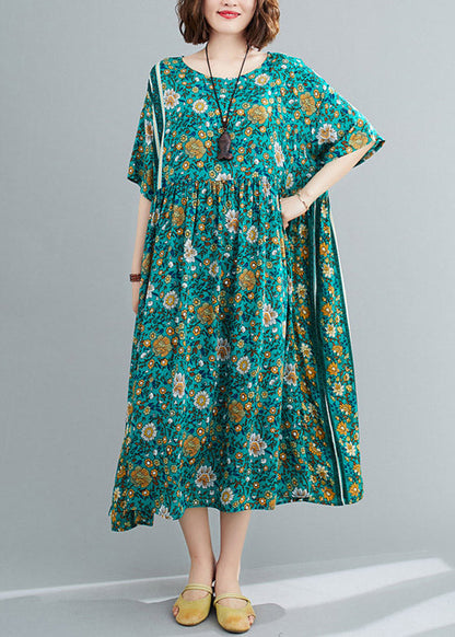Loose Green O-neck Print Wrinkled Long Dresses Short Sleeve
