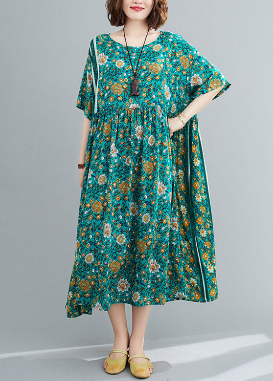 Loose Green O-neck Print Wrinkled Long Dresses Short Sleeve