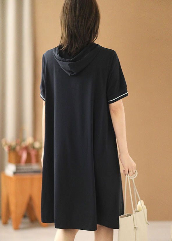 Simple Navy Zippered Drawstring Hooded Pocket Cotton Sweatshirt Dress Short Sleeve