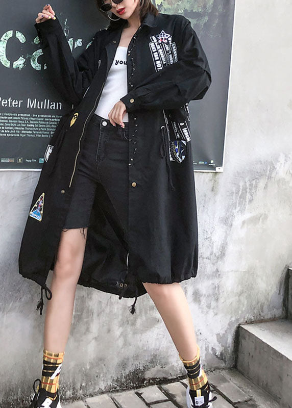 Modern Black Peter Pan Collar Zippered Fall Denim Long Sleeve Trench Coats