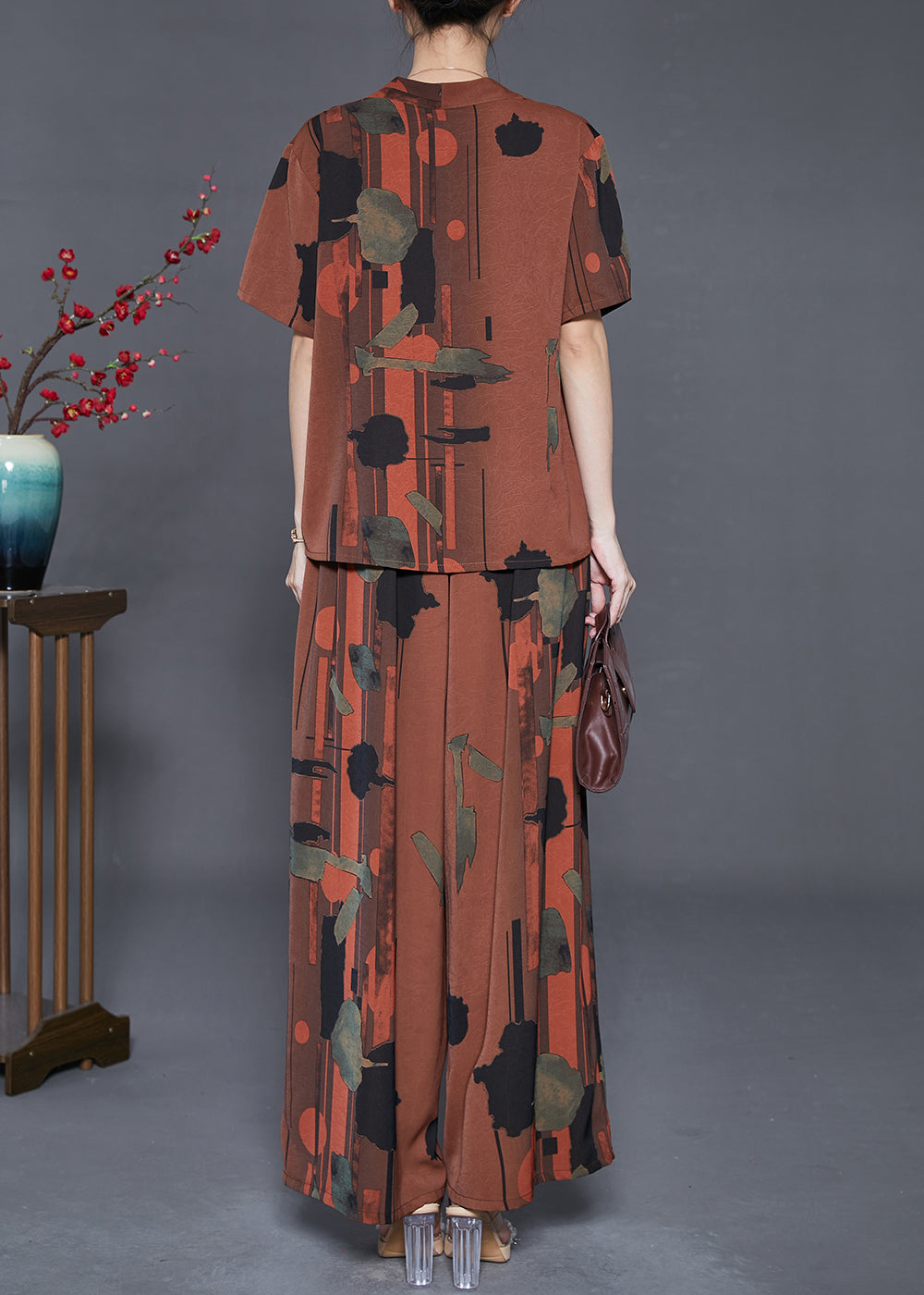 Caramel V Neck Print Silk Two Pieces Set Summer