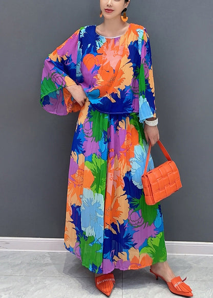 O-neck Wrinkled T Shirts and Maxi Skirts Two Pieces Set Bracelet Sleeve
