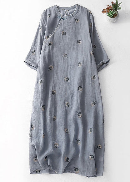 Grey Embroidered Button Cotton Dresses Half Sleeve Summer