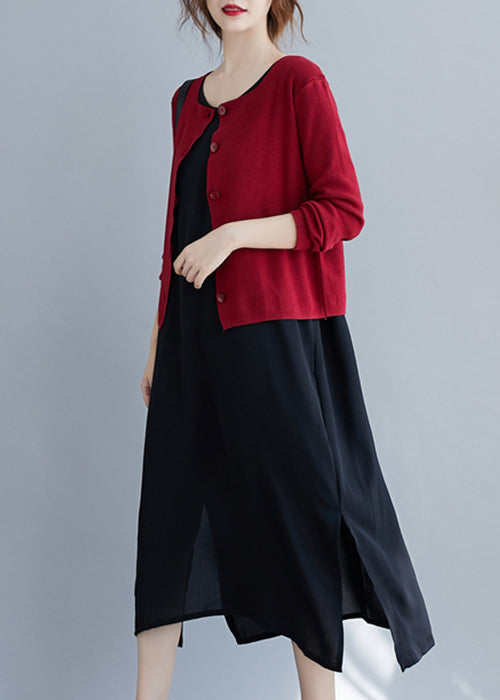 Red O Neck Button Patchwork Knitting Cotton Cardigan Fall