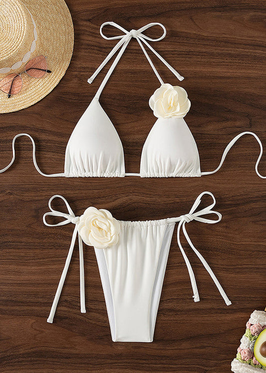 White Lace Up Bikini Swimsuit Set