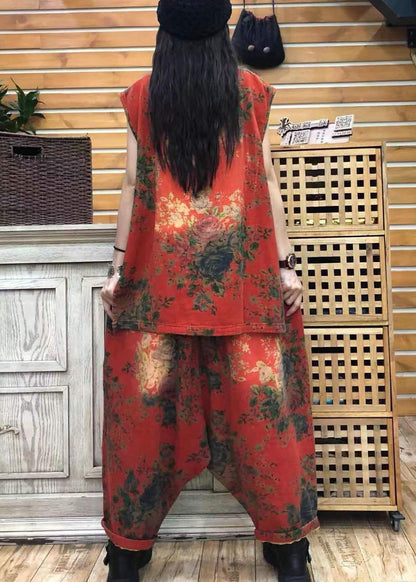 Organic Red O-neck Print Low High Design Fall Sleeveless Two Pieces Set