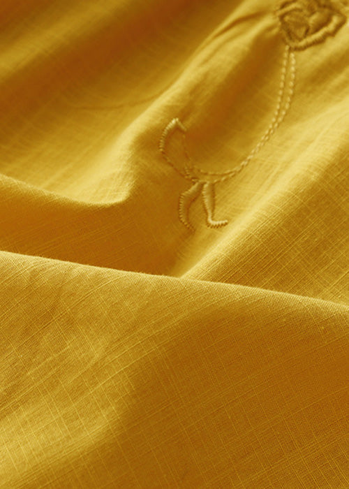 Stylish Yellow V Neck Embroideried Linen Blouses Bracelet Sleeve