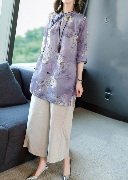 Purple Stand Collar Print Linen Long Shirt Ang Pant Two Piece Set Summer