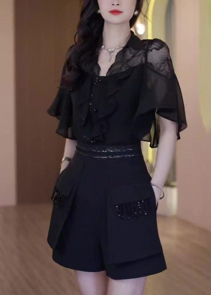 Black Ruffled Lace Patchwork Two Piece Set Outfits Summer