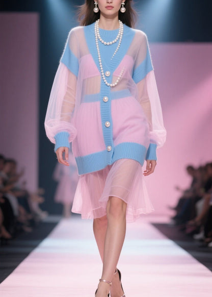 Original Design Colorblock O Neck Tulle Patchwork Knit Dress Fall