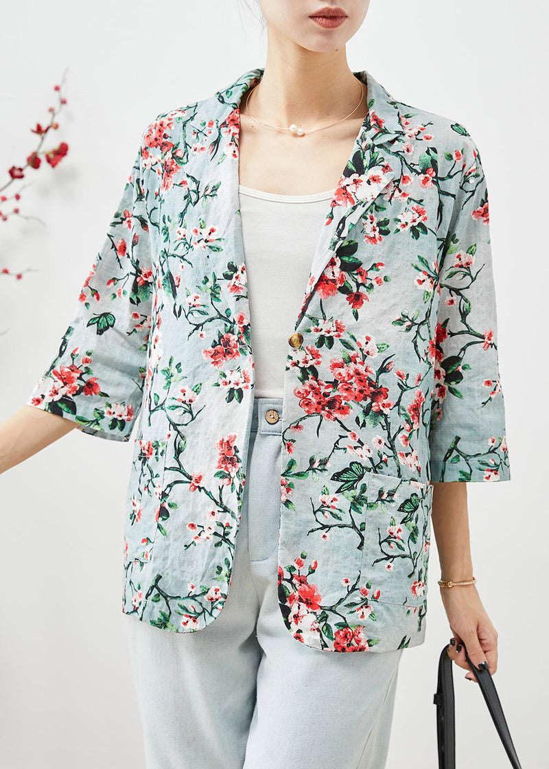 Slim Fit Plum Blossom Print Pockets Linen Coats Half Sleeve