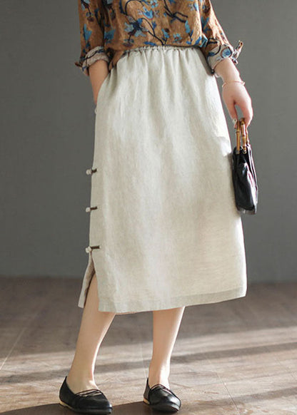 Linen Colour Side Open Linen a Line Skirt High Waist Drawstring Summer