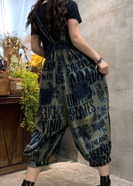 Blue Fine Graphic Denim Overalls Jumpsuit Spring