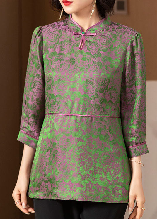 Green Stand Collar Print Patchwork Silk Tops Three Quarter Sleeve