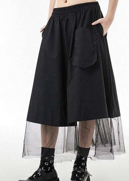 Natural Black Elastic Waist Pocket Tulle Patchwork Skirts Spring