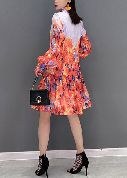 Print Stand Collar Patchwork Chiffon Dresses Lantern Sleeve