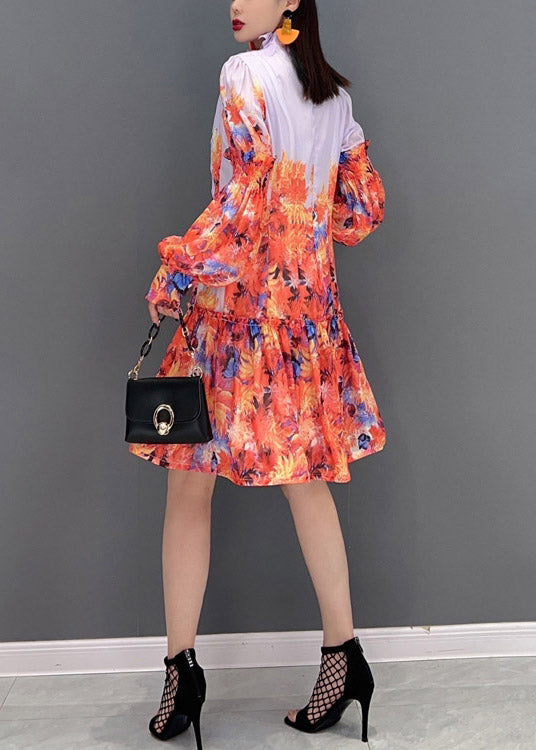 Print Stand Collar Patchwork Chiffon Dresses Lantern Sleeve