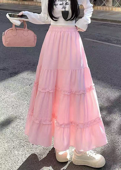 Pink Ruffled Patchwork Cotton Skirt Fall