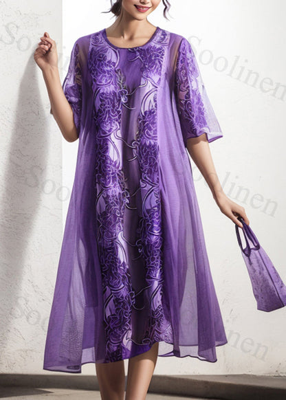 Purple Oversized Print Silk Dress Summer