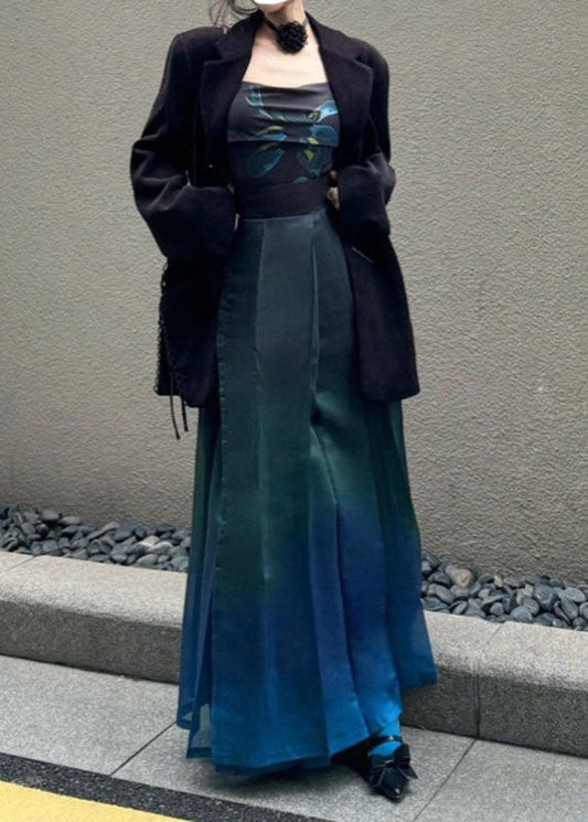 Gradient Color Print Coats Vest and Maxi Skirts Three Pieces Set Spring