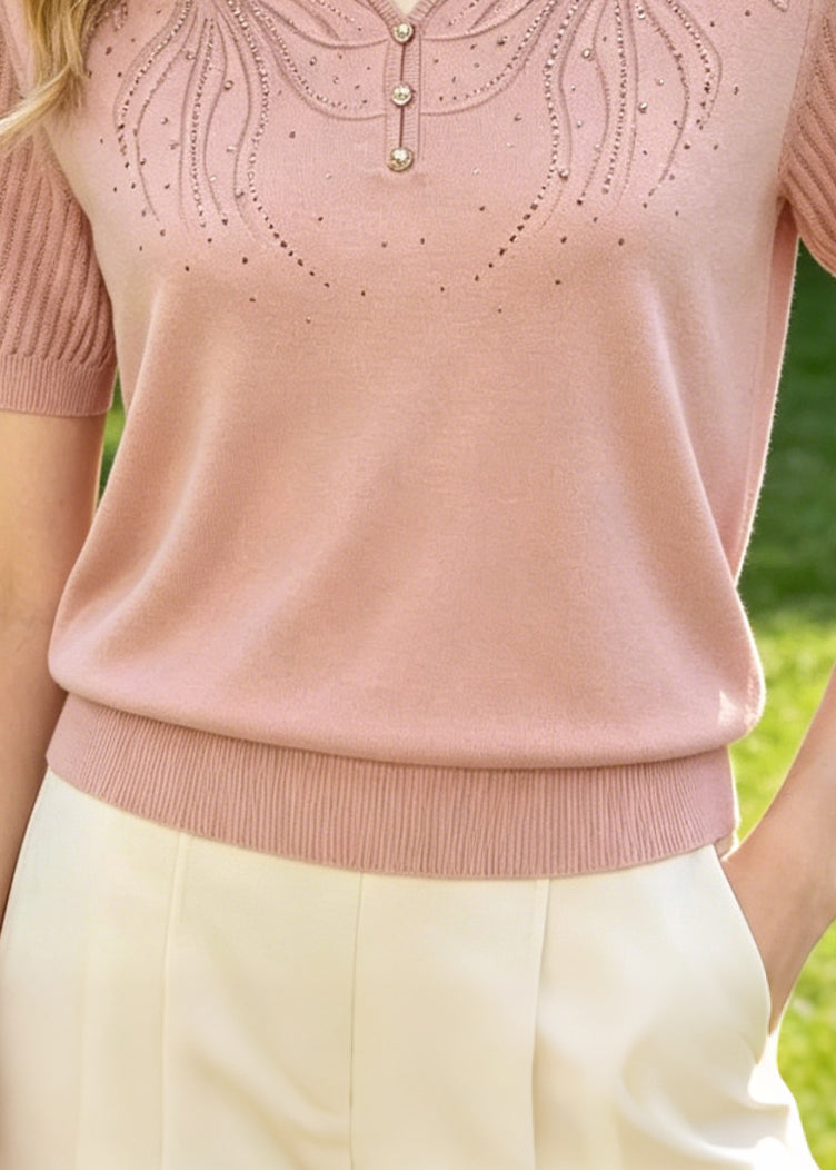 Pink Embroidered Zircon Knit Blouse Tops Summer