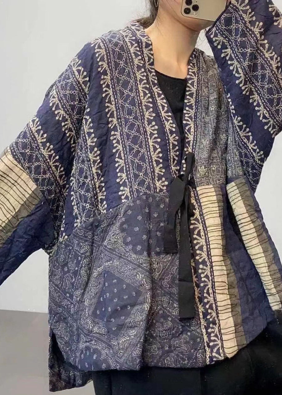 Diy Blue Print Patchwork Pockets Tie Waist Fall Top