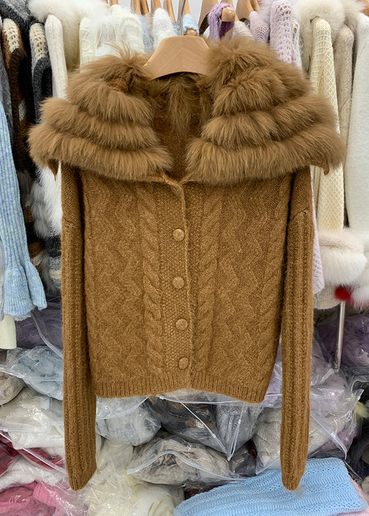 Coffee Fox Collar Zippered Patchwork Cotton Knit Cardigans Winter