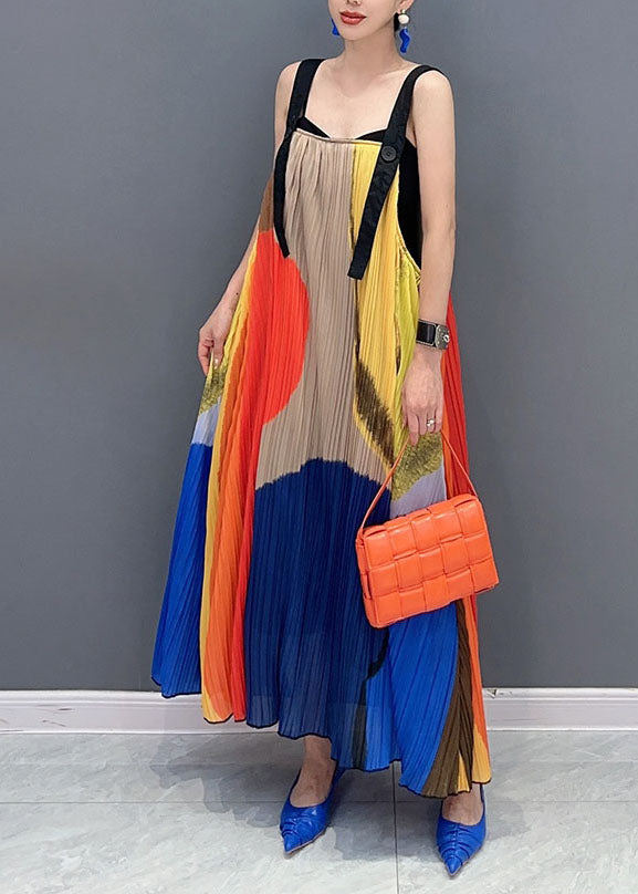 Colorblock Slash Neck Wrinkled Maxi Dress Sleeveless
