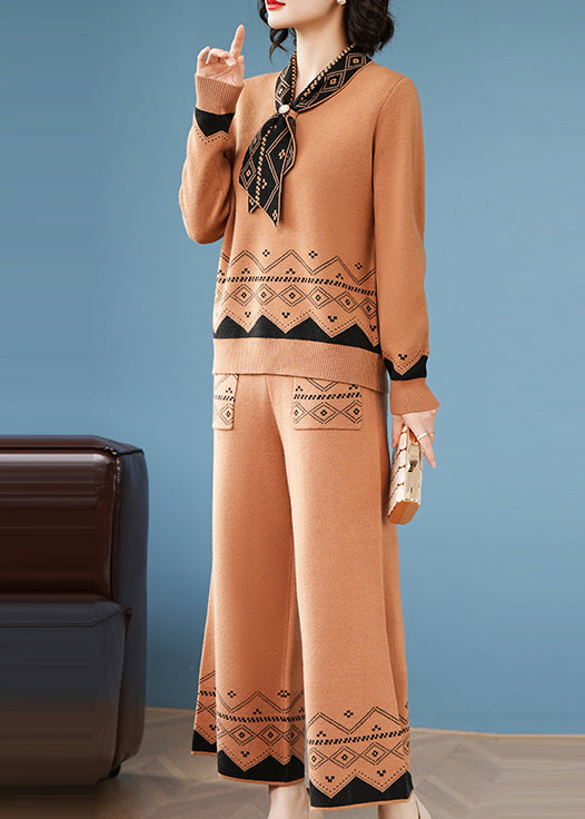 Classy Khaki Bow Woolen Two Piece Set Clothing Spring