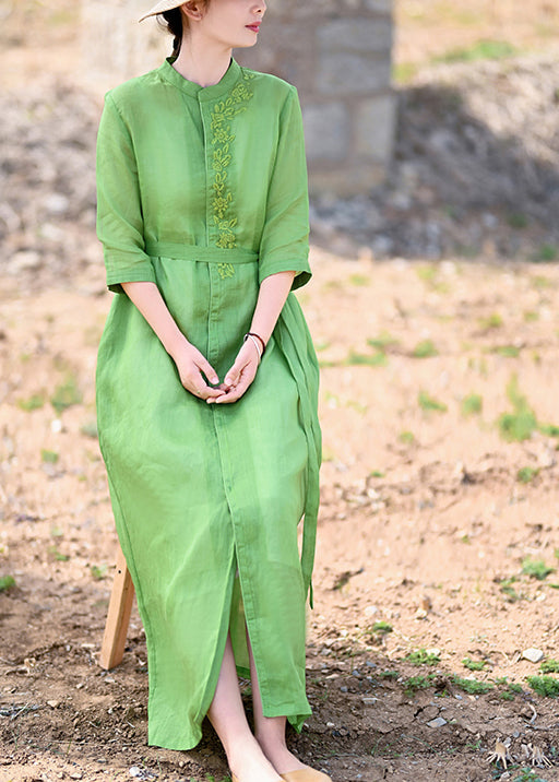 Fine Green Stand Collar Tie Waist Embroideried Linen Party Dress Half Sleeve