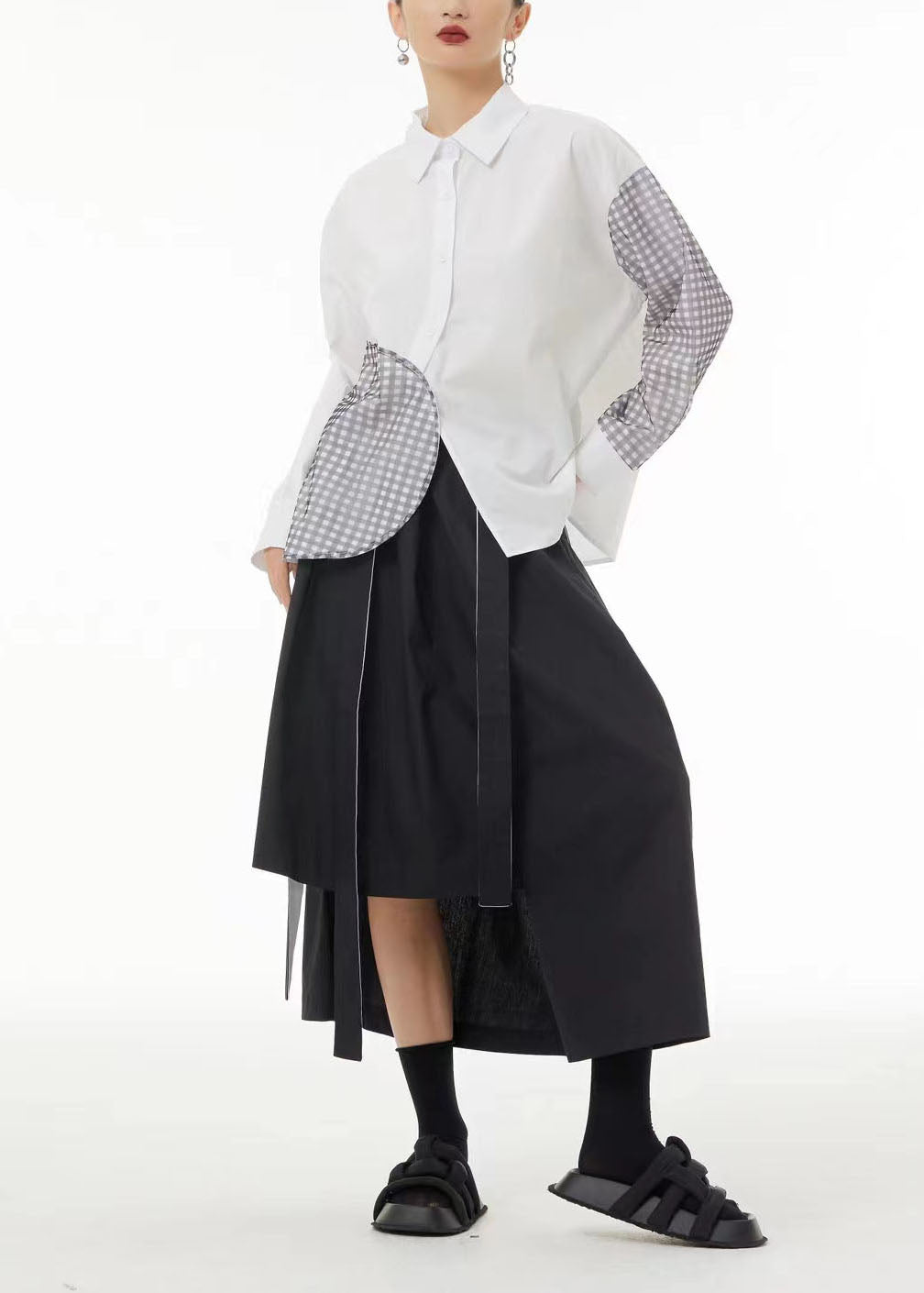 Diy White Asymmetrical Patchwork Plaid Cotton Shirt Summer