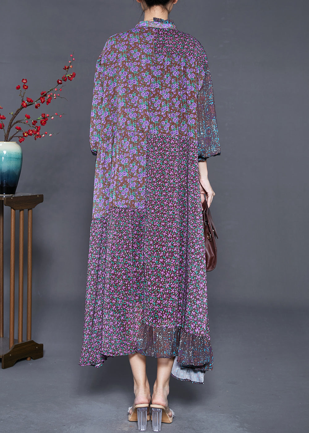 Purple Ruffled Patchwork Chiffon Dresses Summer