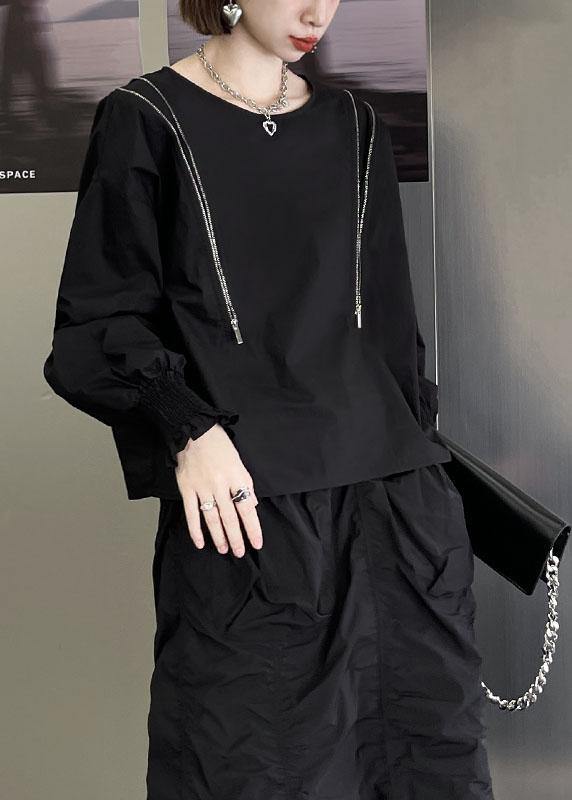 Black O-neck Zippered Fall Top Long Sleeve
