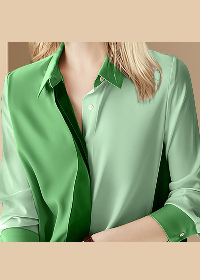 Italian Green Button Peter Pan Collar Patchwork Blouse Top Long Sleeve