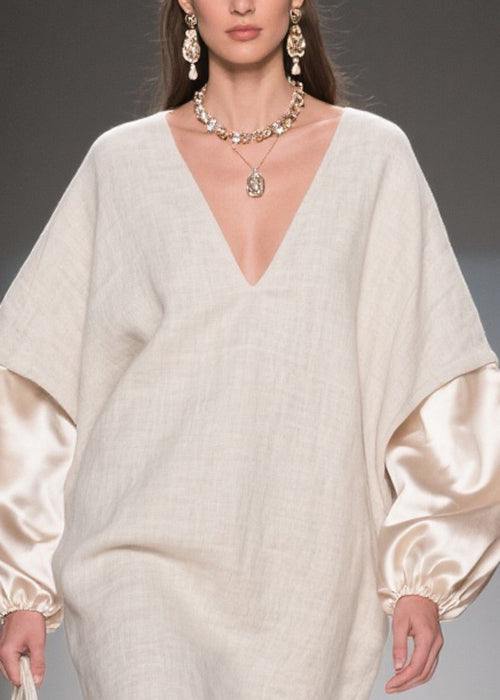 Loose Linen V Neck Silk Patchwork Mini Dresses Spring