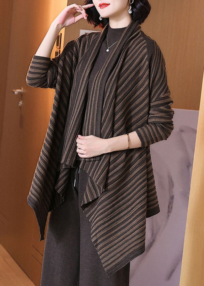 Coffee Striped Asymmetrical Cotton Knit Cardigan Spring