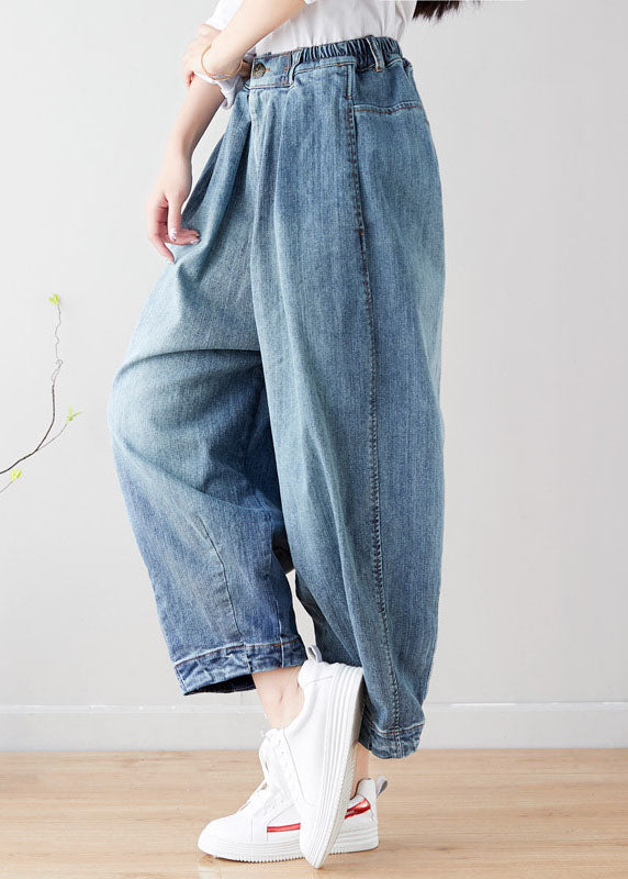 Art Light Blue Elastic Waist Pockets Pants Spring