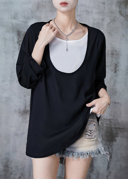 Modern Black U-neck Patchwork Chiffon Fake Two Piece Top Fall