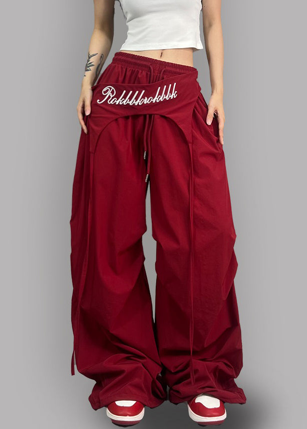 Modern Red Asymmetrical Elastic Waist Cotton Pants Fall