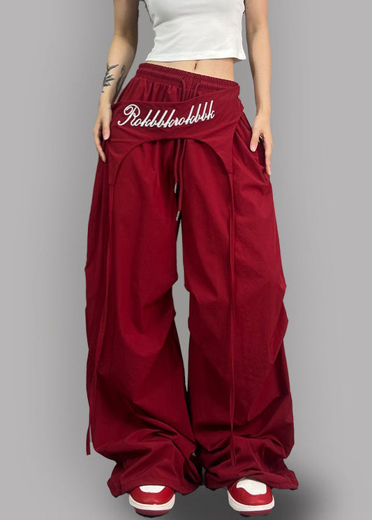 Modern Red Asymmetrical Elastic Waist Cotton Pants Fall