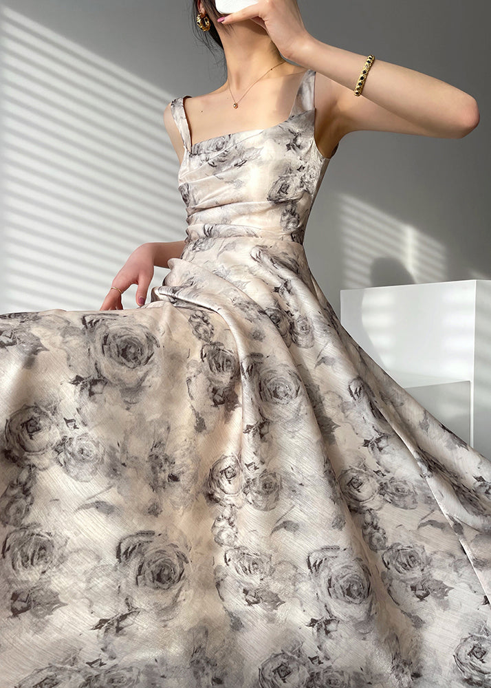 Square Collar Zippered Print Chiffon Maxi Dresses Sleeveless Summer