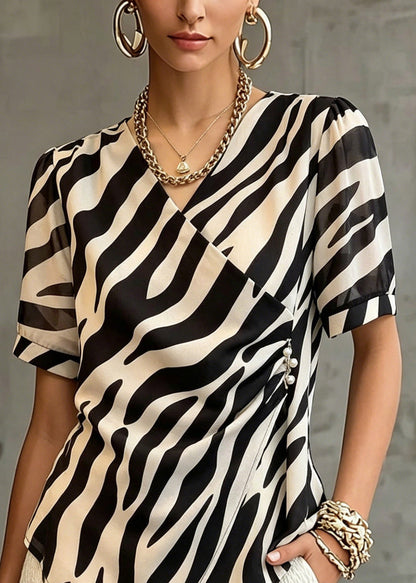 Modern Striped Patchwork Wrinkled T Shirt Short Sleeve
