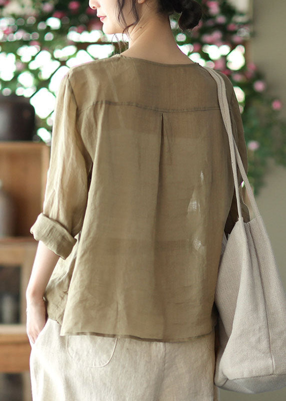 Bean Green O-neck Button Linen Shirts Long Sleeve