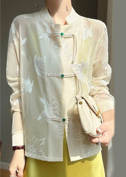 Fine Beige Tasseled Jacquard Tulle Upf 50+ Shirt Fall