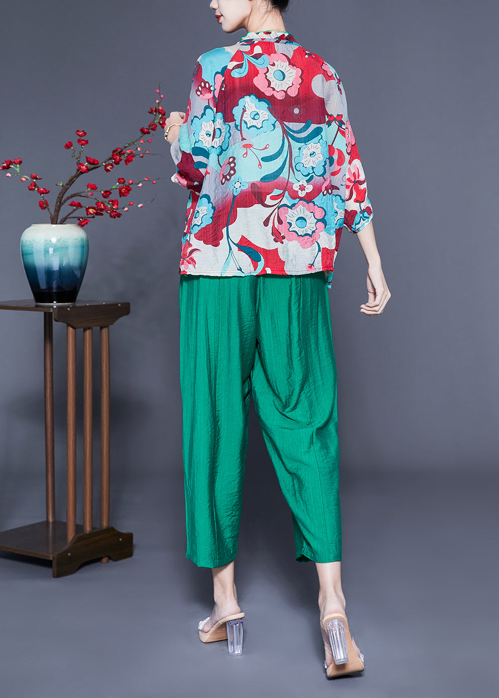 Ruffled Collar Print Cotton Linen Two Piece Set Clothing Spring