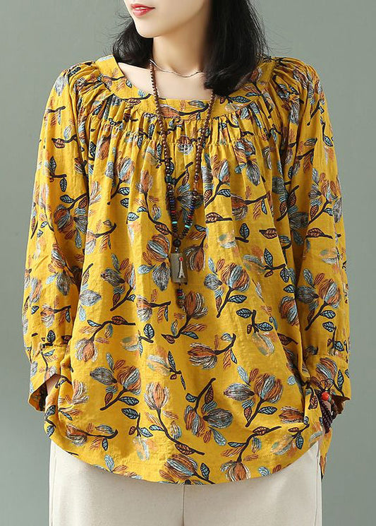 Yellow O Neck Print Loose Cotton T Shirt Fall