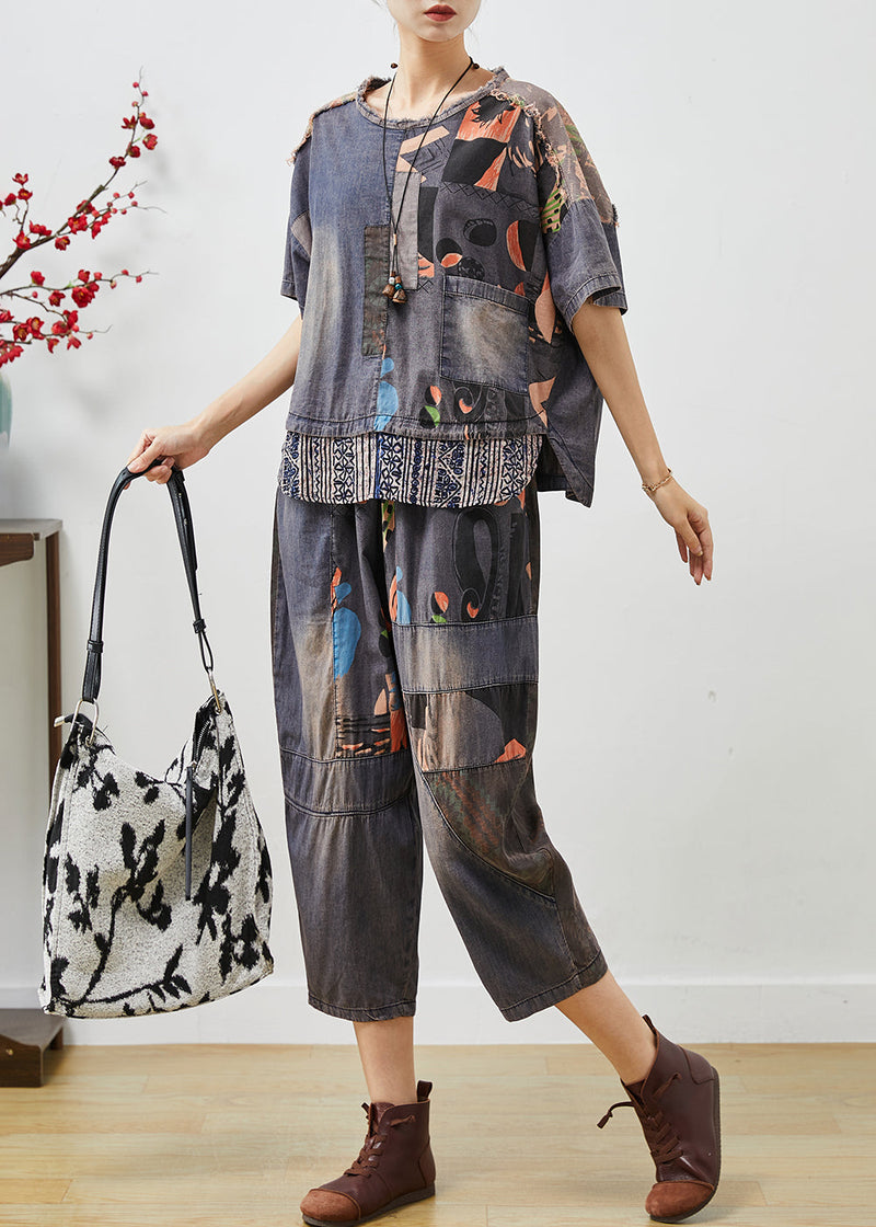 Art Blue Asymmetrical Patchwork Denim Two Pieces Set Summer