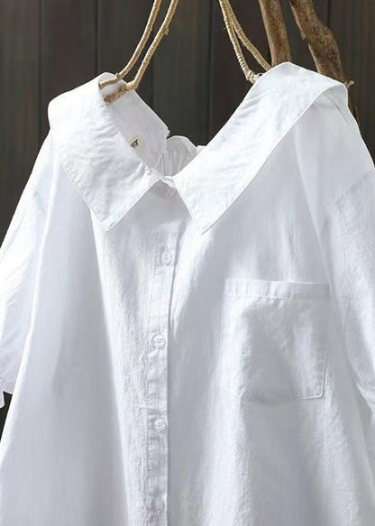 Simple White Peter Pan Collar Pocket Cotton Shirts Summer