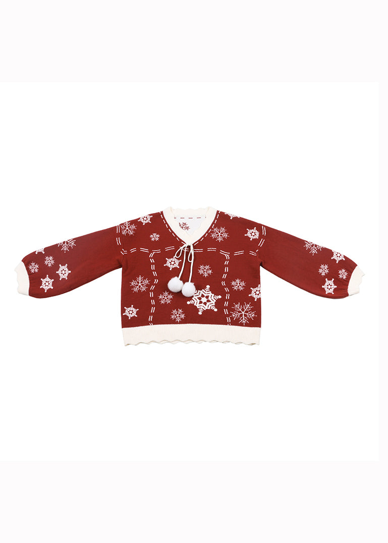 Red V Neck Thick Embroideried Knit Knitted Tops Fall