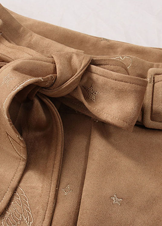 Simple Khaki Tie Waist Embroideried Corduroy Skirts Spring